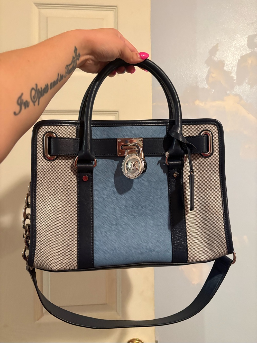 Michael Kors Hamilton Center Stripe Blue Navy & Canvas Satchel w/ Silver Lock